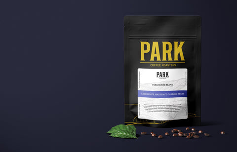 Park House Blend specialty coffee bag with freshly brewed coffee