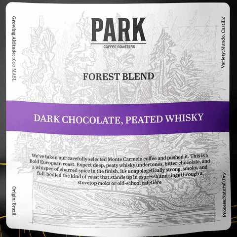 Forest Blend label – tasting notes dark chocolate, peated whisky